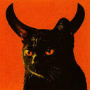 Black cat with black looking horns, it has orange eyes, with an orange background.